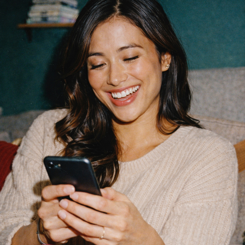 woman laughing at phone because of good customer service