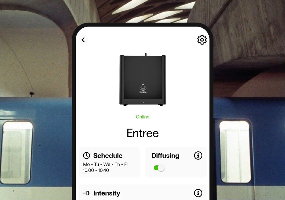 Homescreen of scent control app for transportation scent solutions